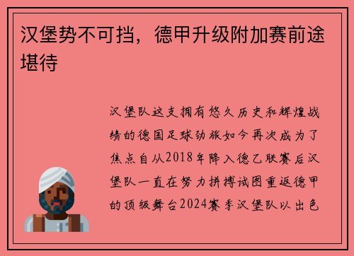 汉堡势不可挡，德甲升级附加赛前途堪待