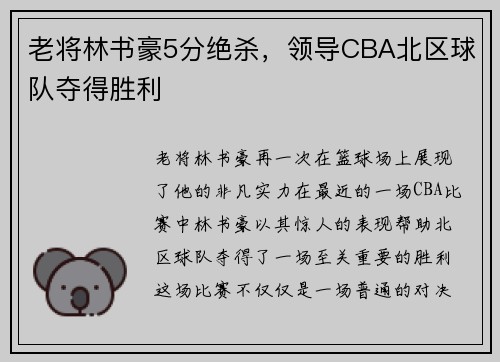 老将林书豪5分绝杀，领导CBA北区球队夺得胜利